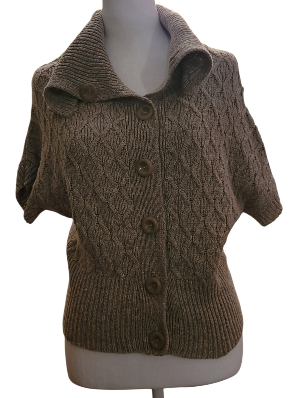 Smart Set Brown Short-Sleeve Batwing Cable Knit Cardigan with Foldover Collar